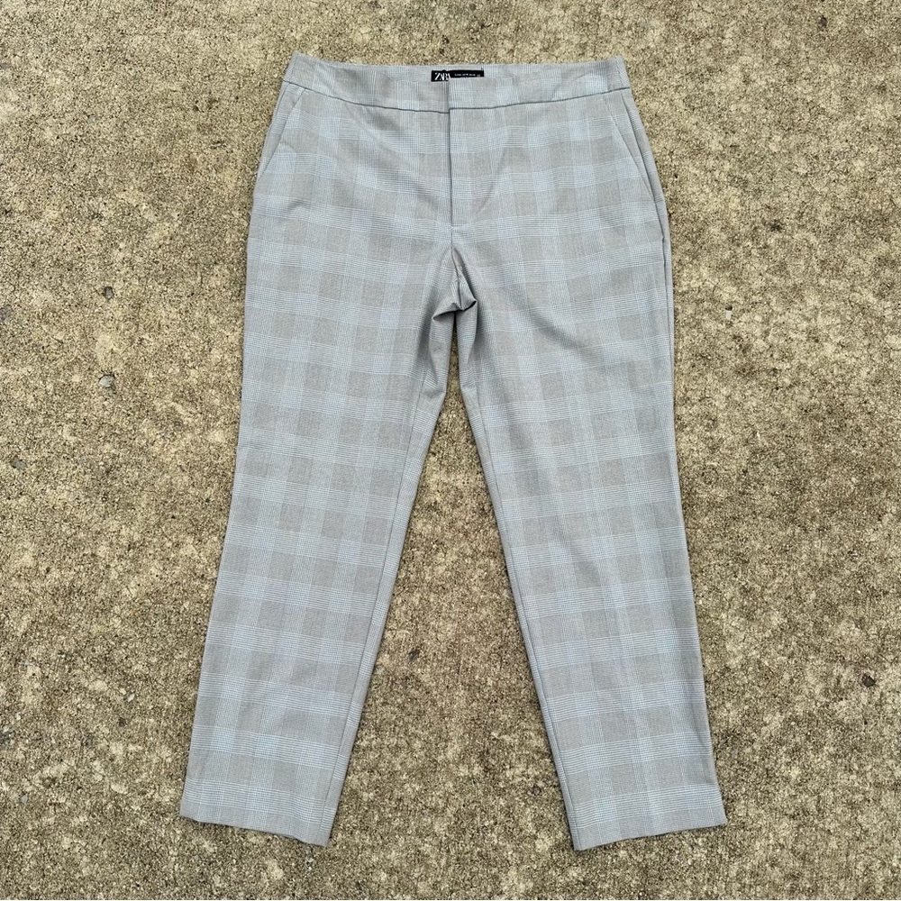 NEW ZARA Womens Career Tapered Trouser Pants Grey Blue Check Size 10 NWT